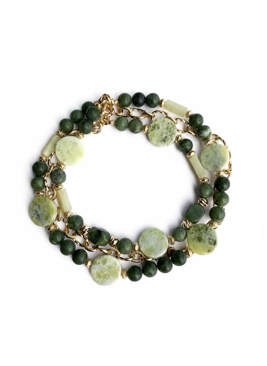 მწვანე იასპის, მწვანე ნეფრიტის და ყვითელი ნეფრიტის ყელსაბამი ჯაჭვით N250031