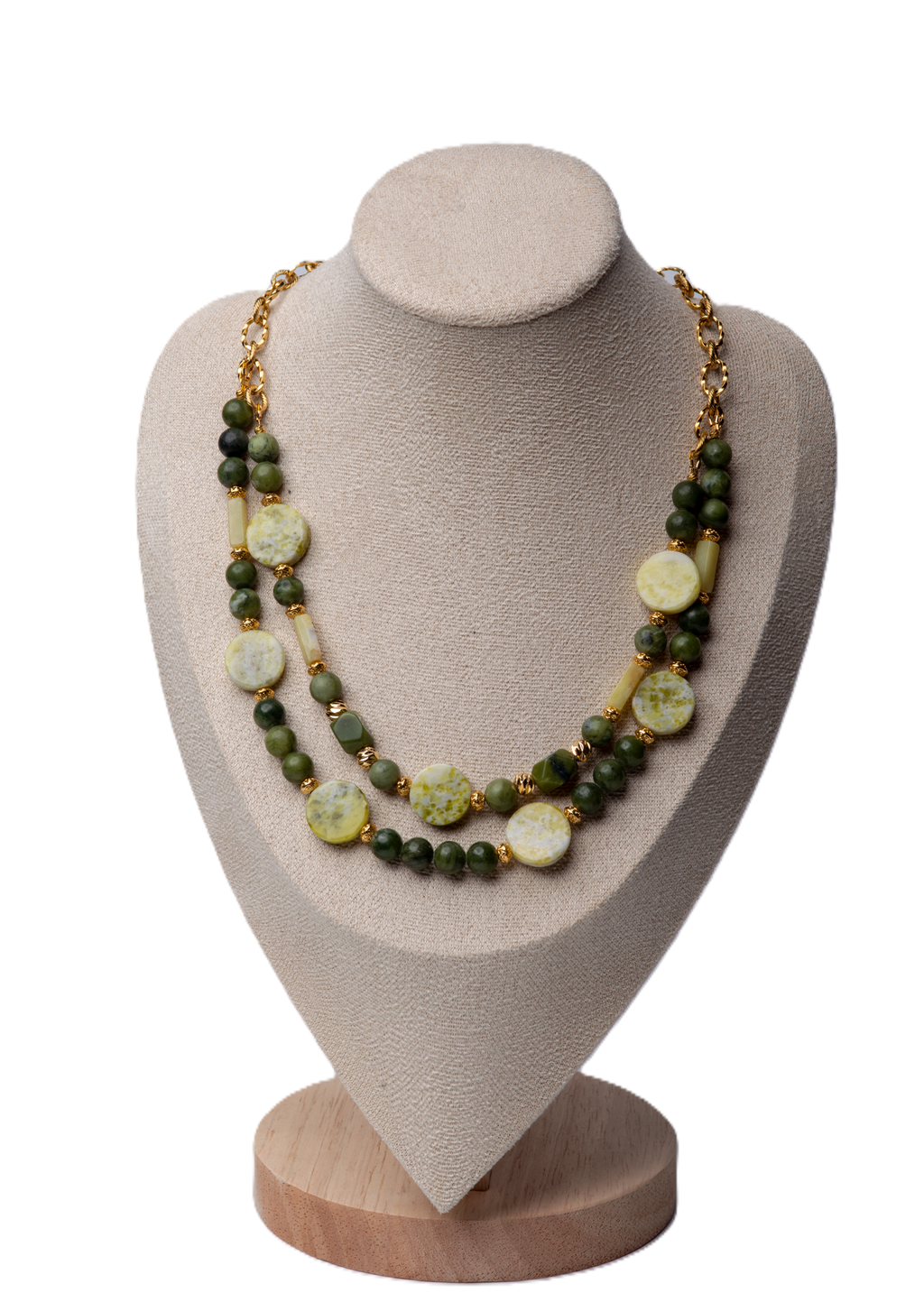 მწვანე იასპის, მწვანე ნეფრიტის და ყვითელი ნეფრიტის ყელსაბამი ჯაჭვით N250031