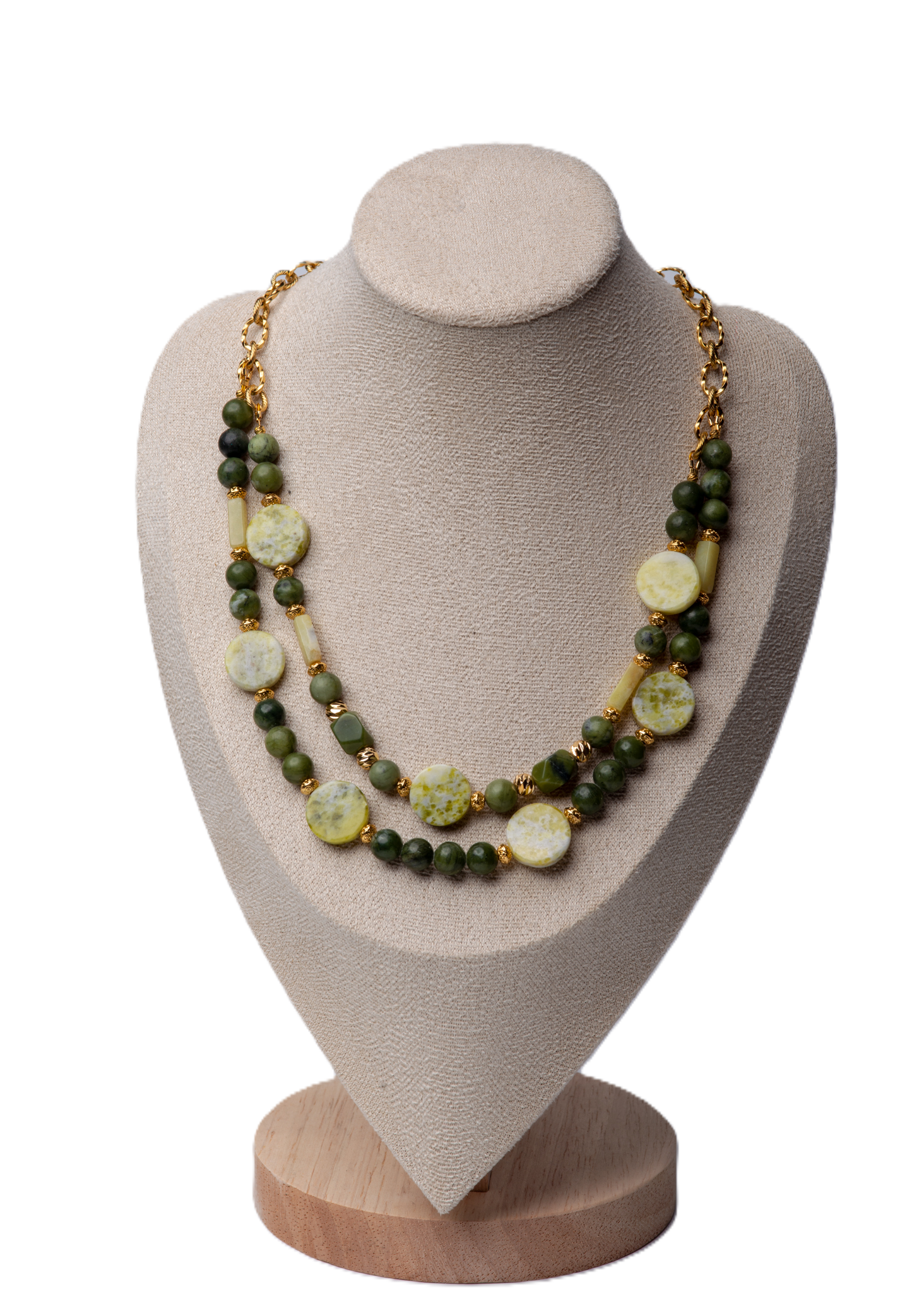 მწვანე იასპის, მწვანე ნეფრიტის და ყვითელი ნეფრიტის ყელსაბამი ჯაჭვით N250031