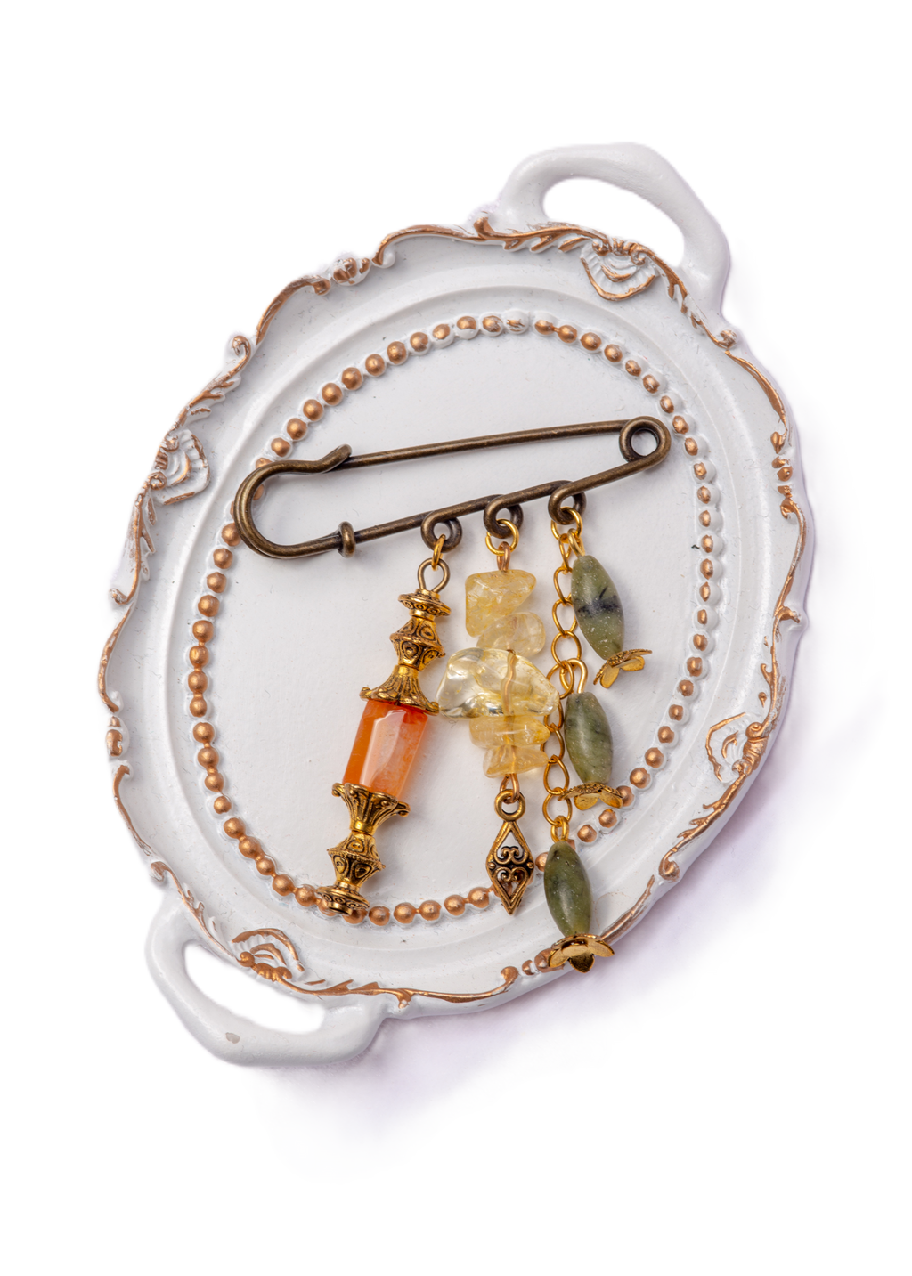 აქატის, ციტრინის და ნეფრიტის ვინტაჟური ბროში A250003