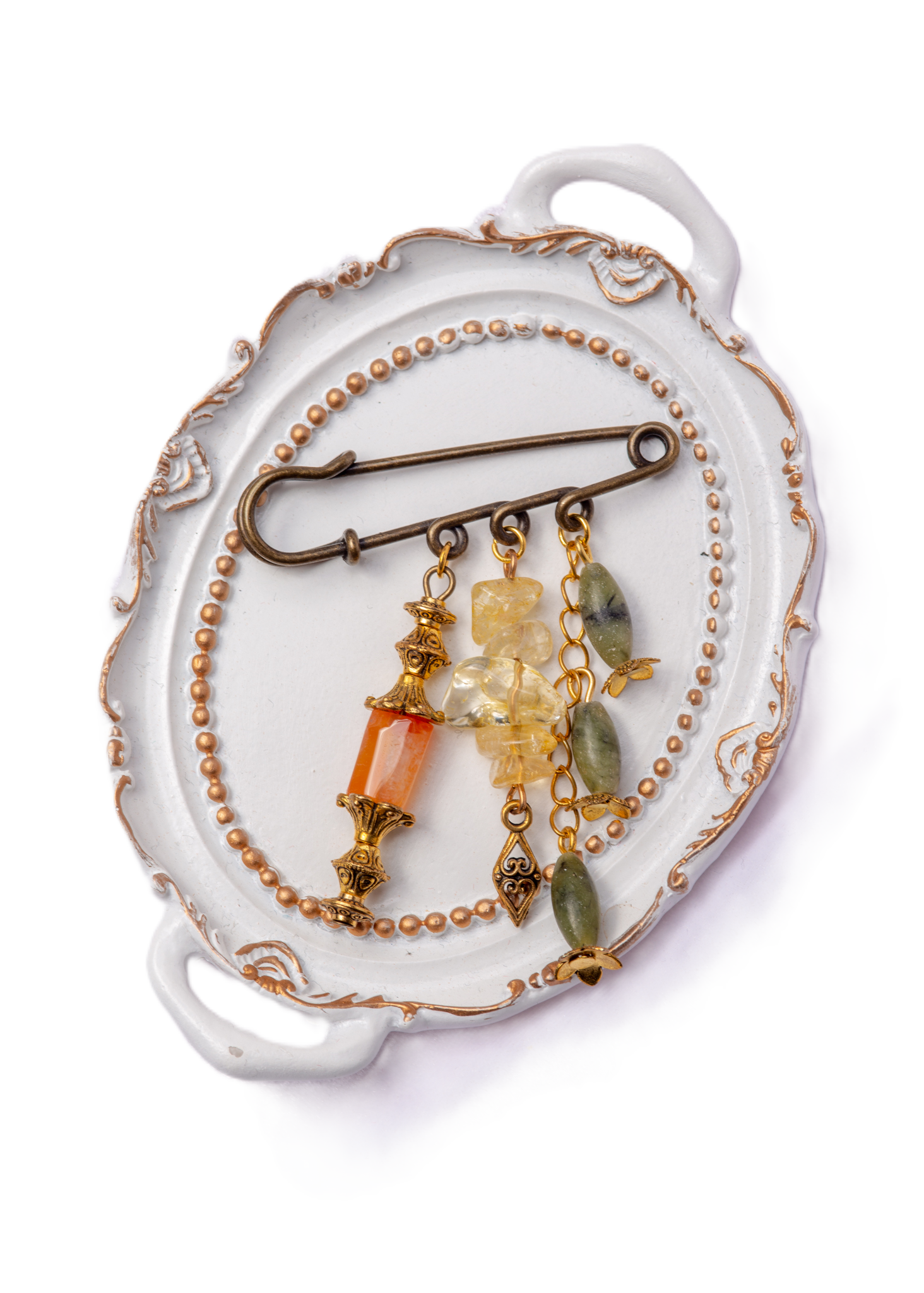 აქატის, ციტრინის და ნეფრიტის ვინტაჟური ბროში A250003