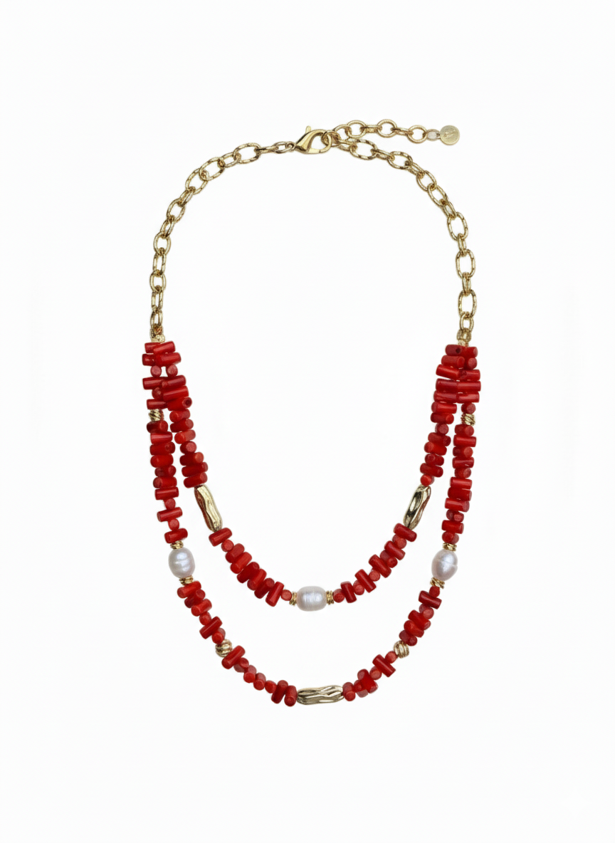 მარგალიტის და მარჯანის ყელსაბამი ჯაჭვით N250028