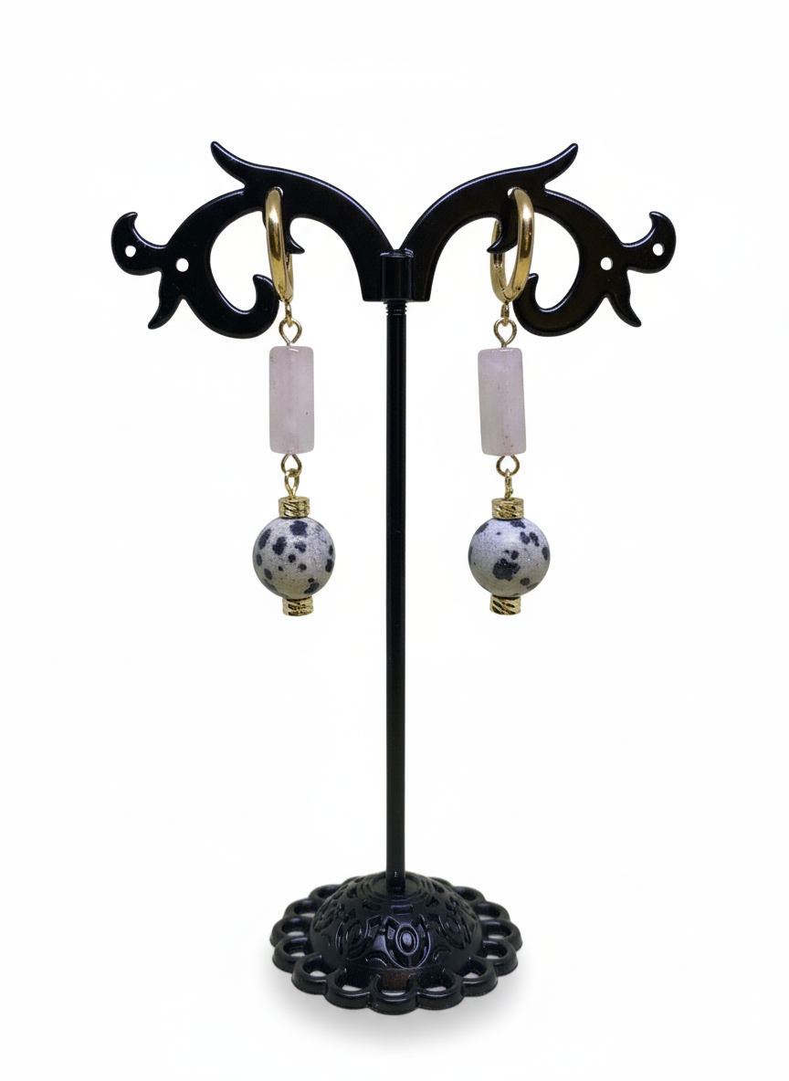 ვარდისფერი კვარცისა და დალმატინელი იასპის საყურე E250001